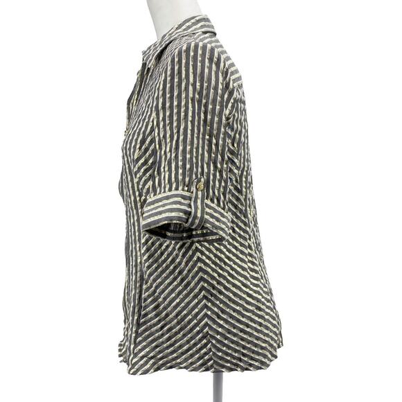 Anne Klein Gold Stripe Zip Front Blouse Women Short Sleeve Career Top - Picture 2 of 13